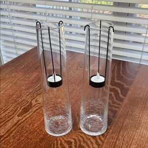 Clear Glass Crackle Hurricane Candle Holders with Black Metal Hangers - Pair